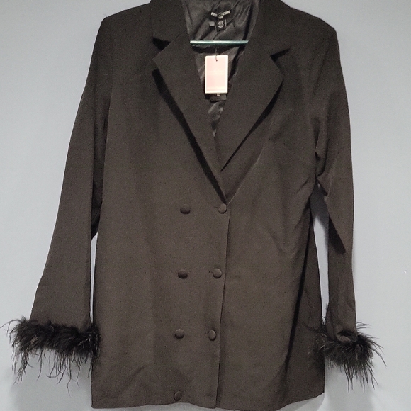 NWT, PLT Black Double-Breasted Coat with Feather Cuffs - Picture 1 of 7